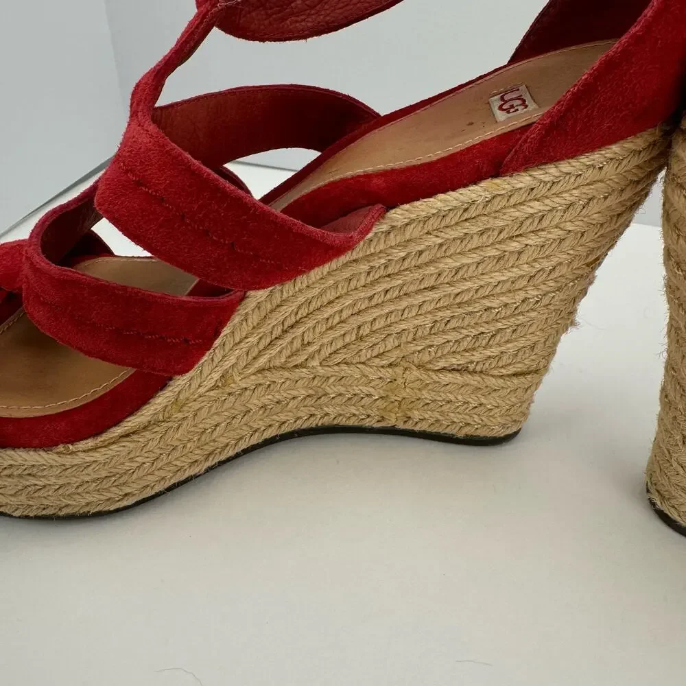 Ugg‎ Red Lauri Suede Leather Espadrille Platform Wedge Sandals Sz 9.5